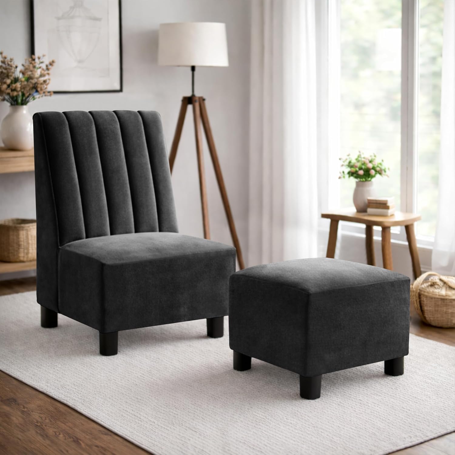 Rosebell One Seater Sofa with Ottoman Combo Single Seater Sofa Set with Matching Footrest for Living Room & Bedroom Guest Room - Black Color