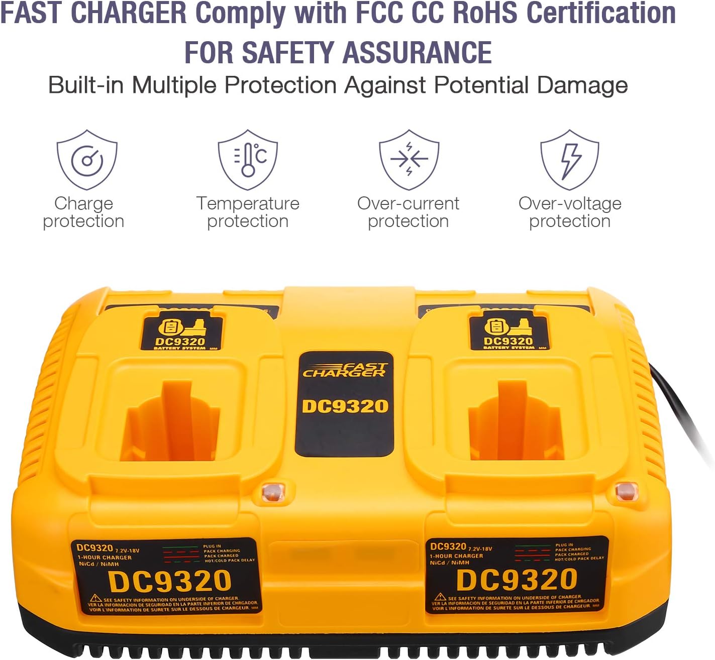 DC9320 Dual Port Charger Compatible with 18V 14.4V 12V 9.6V 7.2V NiCd NiMh Pod StylexRP Battery DC9098 DC9099 DW9099 DC9096 DW9094 DW9072 DW9062 DW9057,Yellow