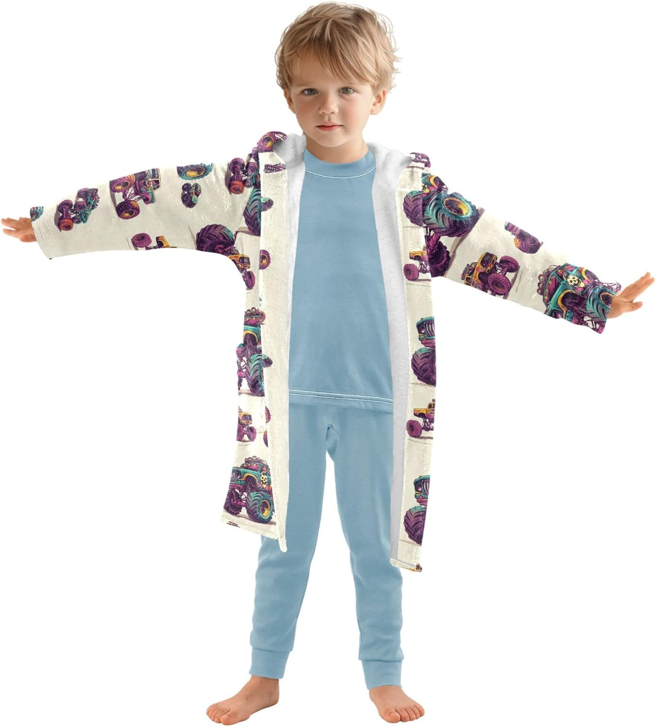Monster Trucks Cars Bathrobe Hooded PJ Robe Plush Fleece Robe Pajama Sleepwear 2-12 Years