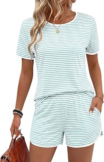 Rapbin Womens Pajama Sets 2026 Spring Summer Ladies Striped Short Sleeve 2 Piece Shorts Set Crew Neck Split Soft Cozy Pjs