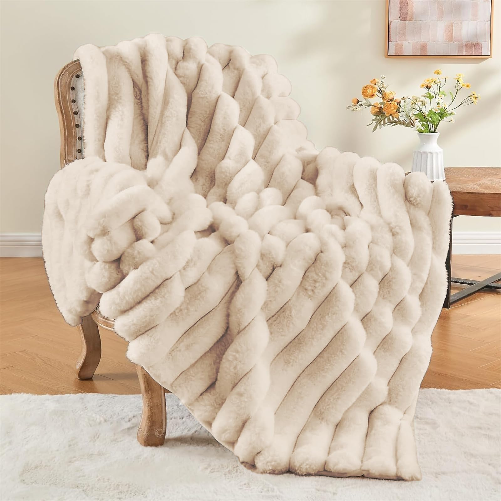 FASCINATDECO Faux Rabbit Fur Luxury Plush Sherpa Throw Blanket - Super Soft Cozy Fuzzy Sofa Blanket Large Fluffy Blankets Warm Bed Throws for Couch Bed Sofa, 160x200cm, Striped Beige