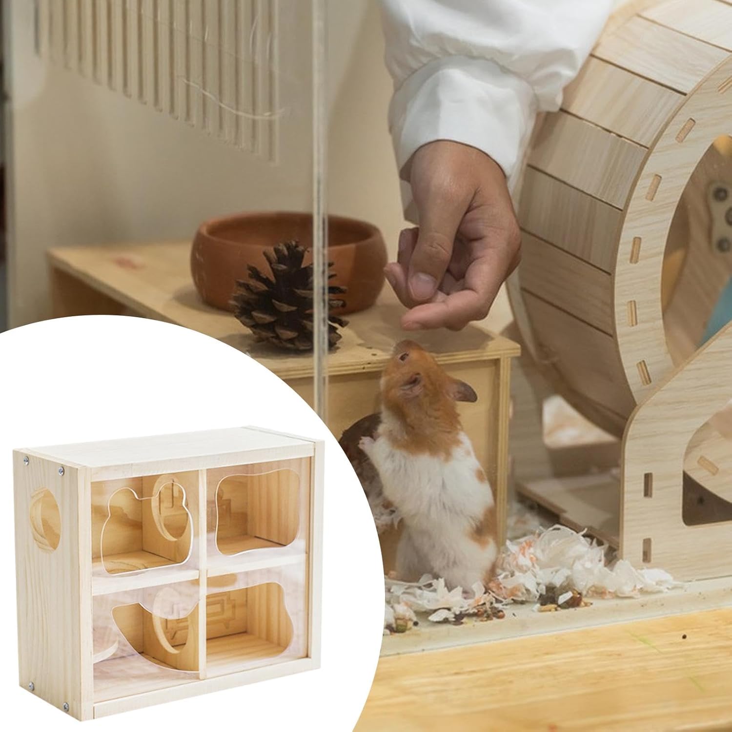 Wooden Hamster House 2 Layer Cabin Hideaway for Syrian Hamsters & Chinchillas, Small Pet Habitat Hideout- Wood and Acrylic