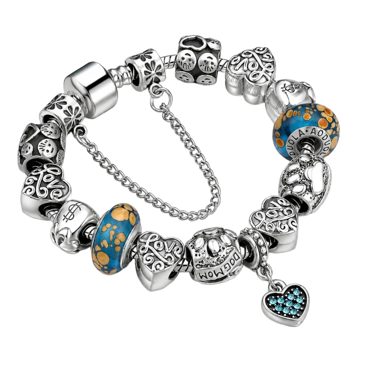 Gift Charismatic Charms Blue Murano Glass Crystal Bead Cubic Zirconia Sterling Silver Love Heart Emoji Charm Bracelets for Women/Girls Latest Everyday Fashion Jewelry-image-23
