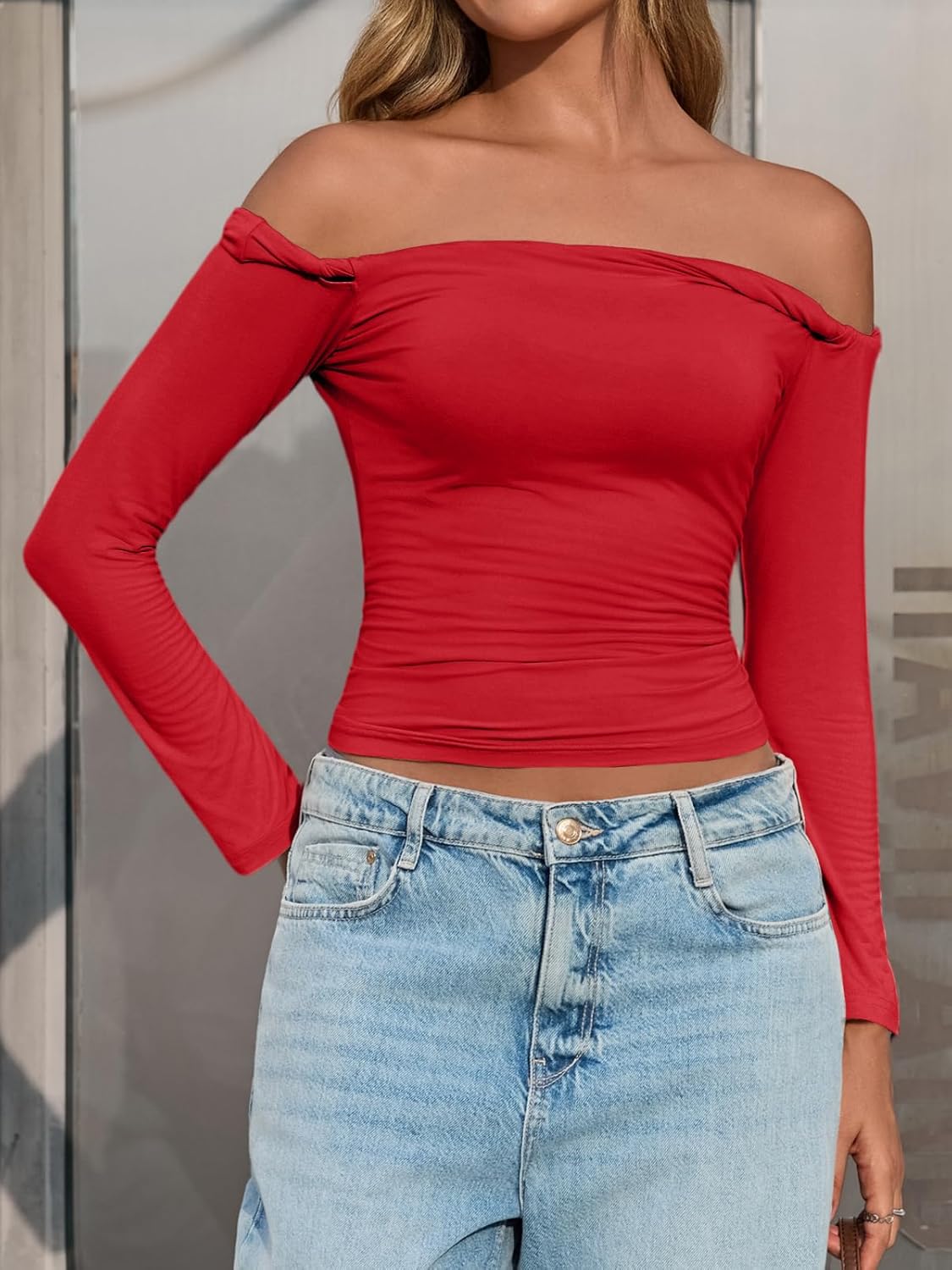 Tankaneo Womens Off The Shoulder Tops Going Out Crop Slim Fit Long Sleeve Shirts Y2K Ruched Cute Blouse - Image 5