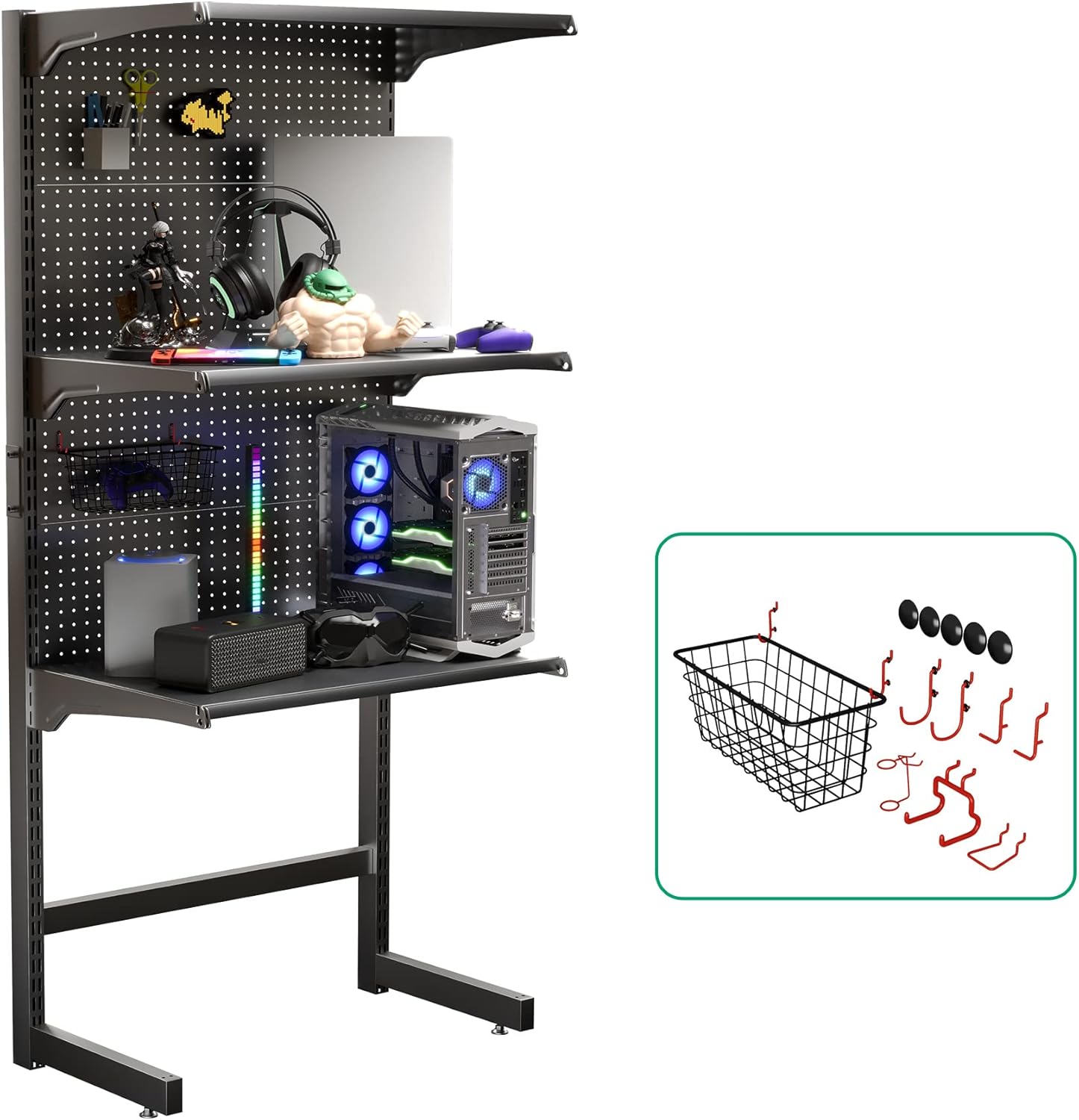JWX DDB Gaming Standing Shelf Units, 30‘’ Free Standing Gaming Shelf Pegboard