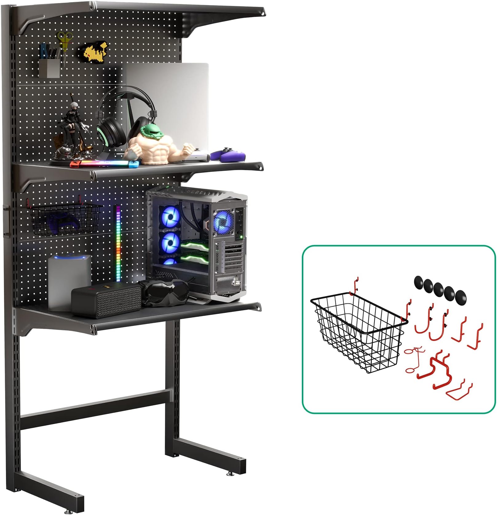 JWX DDB Gaming Standing Shelf Units, 30‘’ Free Standing Gaming Shelf Pegboard Cabinet with Home Office Metal Pegboard and 15 Pieces Organizer Tool Holders