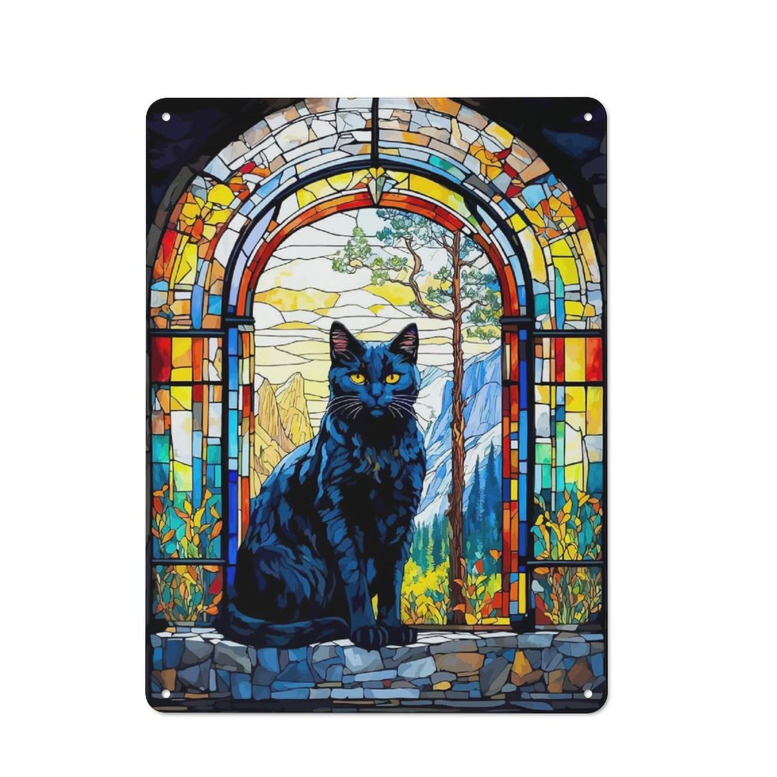 Junmoney Stained Glass Cat Rustic Metal Plaque 40X30cm For Lounge Or Reading Corner, For Home Office, Studio And Craft Room Walls