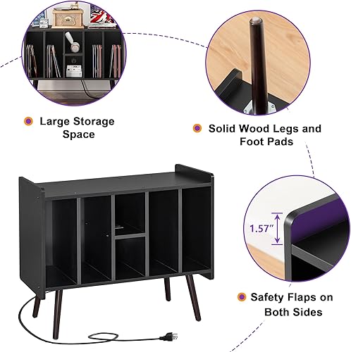Miniatura 6 de Clikuutory Soporte grande para tocadiscos, armario de almacenamiento de discos de vinilo con toma de corriente y luces LED con capacidad para hasta