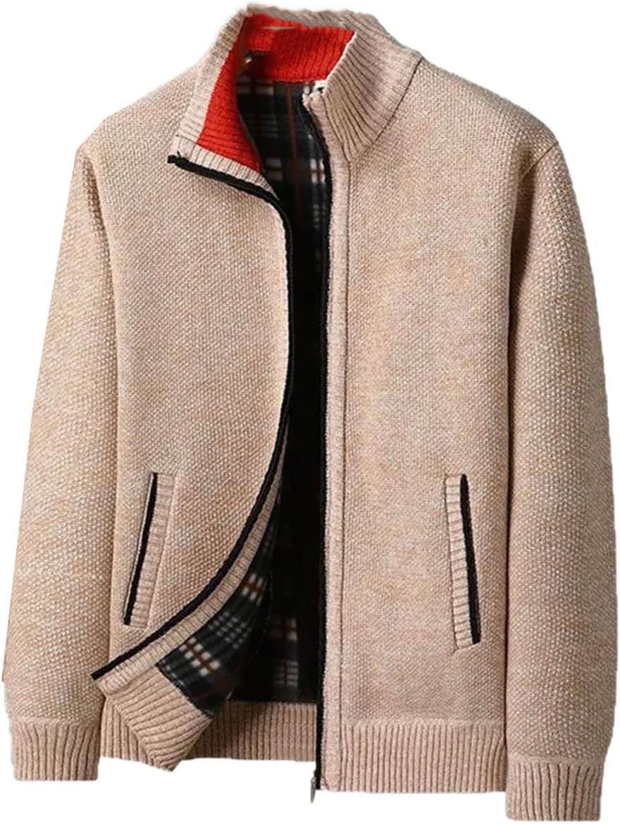 Men's Lightweight Stand-up Collar Fleece Thickened Solid Color Sweater Warm Cardigan Knitted Jackets