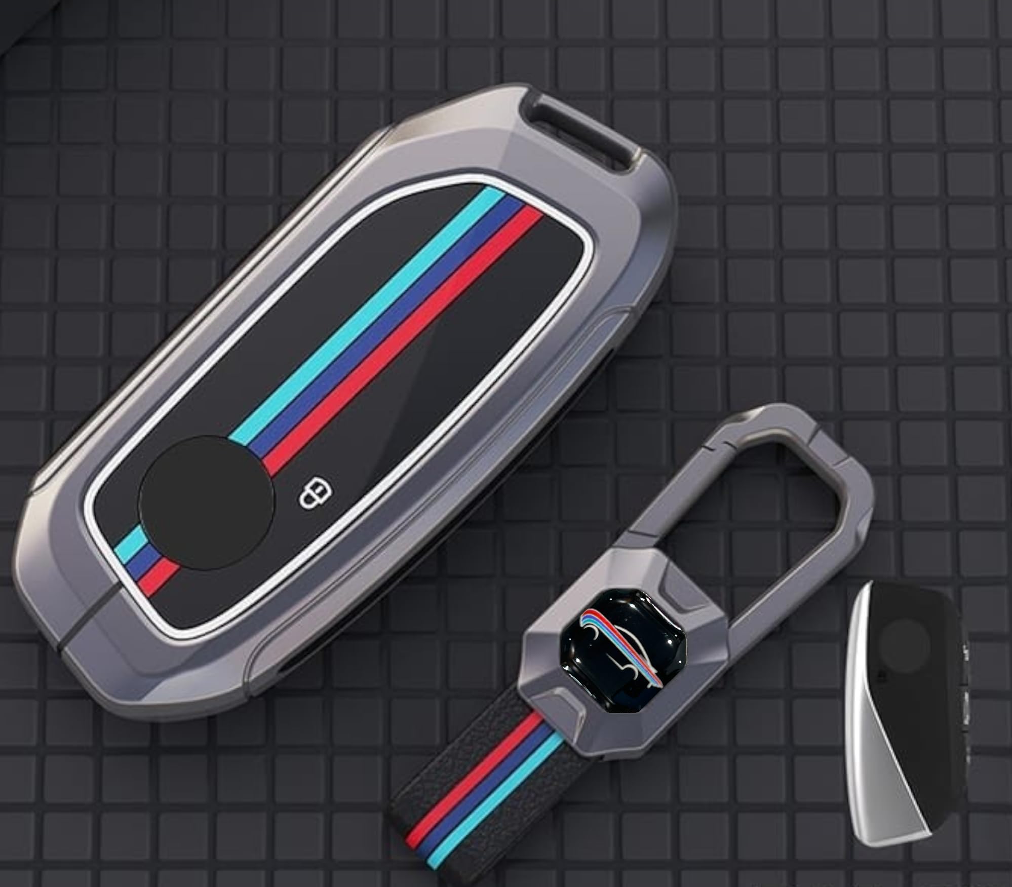Metal Alloy Car Key Cover & Soft Silicon Black Striped Case & Holder with Keychain Compatible for BMW X1 X7 XM IX I7, X5 X Series, 2/3 / 4/5 / 6/7 Series (4 Button Push Smart Key)