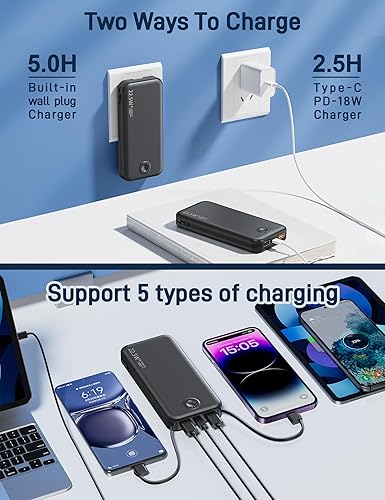 Miniatura 5 de Cargador portátil de carga súper rápida de 22.5 W con enchufe de pared, cargador de batería USB-C de 12000 mAh, 2 cables integrados, cargador de