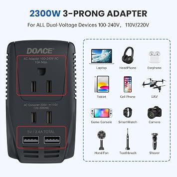 Upgraded 2000W 220V to 110V Converter for European Travel, Voltage Converter US to Europe for Hair Dryer Straightener Curling Iron, 2300W Adapter with EU/UK/AU/US Plugs for Laptop Camera Cell Phone