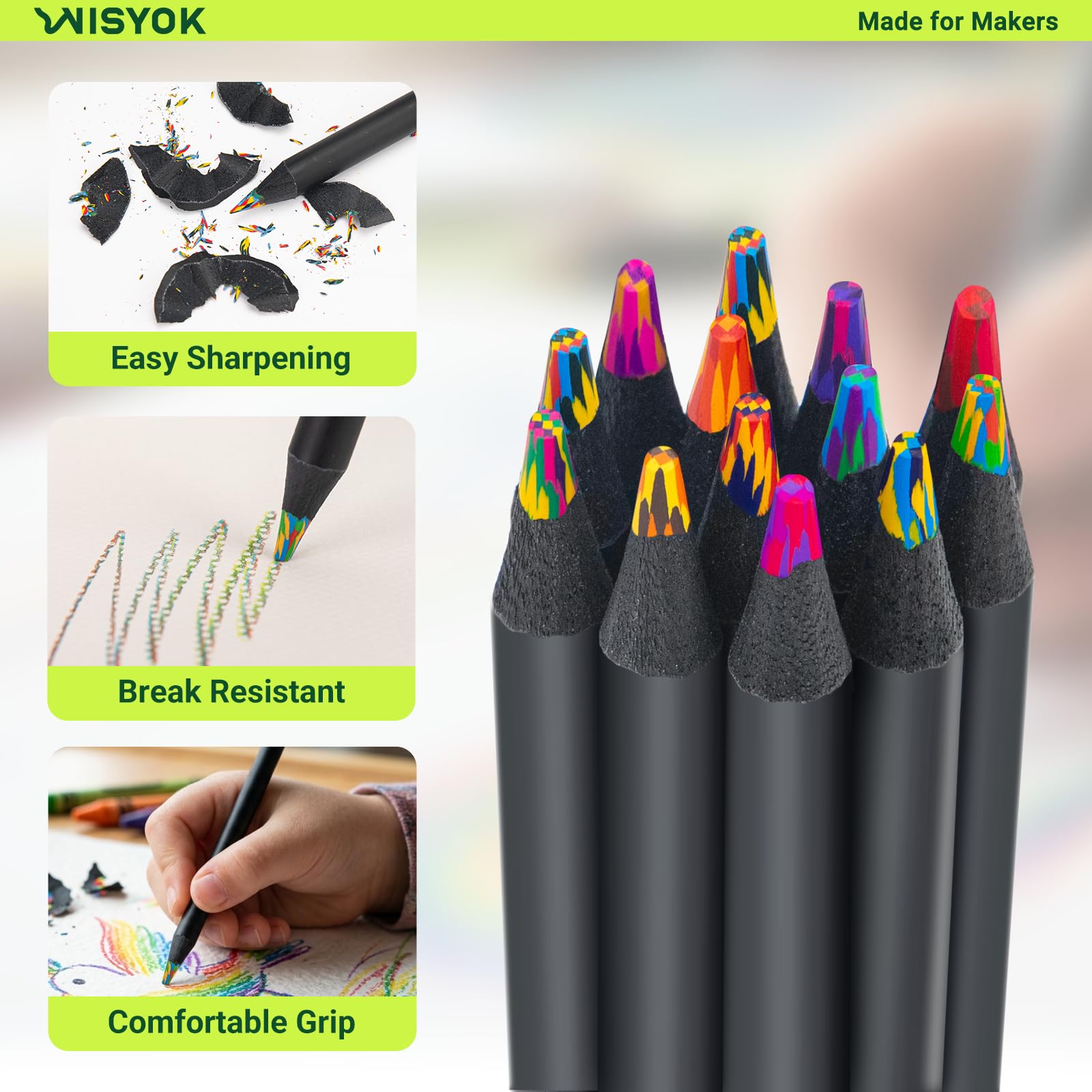 Pack De 12 Lápices De Colores Arcoíris 7 En 1 – Mina De 3.3mm – Incluye 6 Sacapuntas – Madera De Alta Densidad – Regalo Para Dibujar Y Garabatear