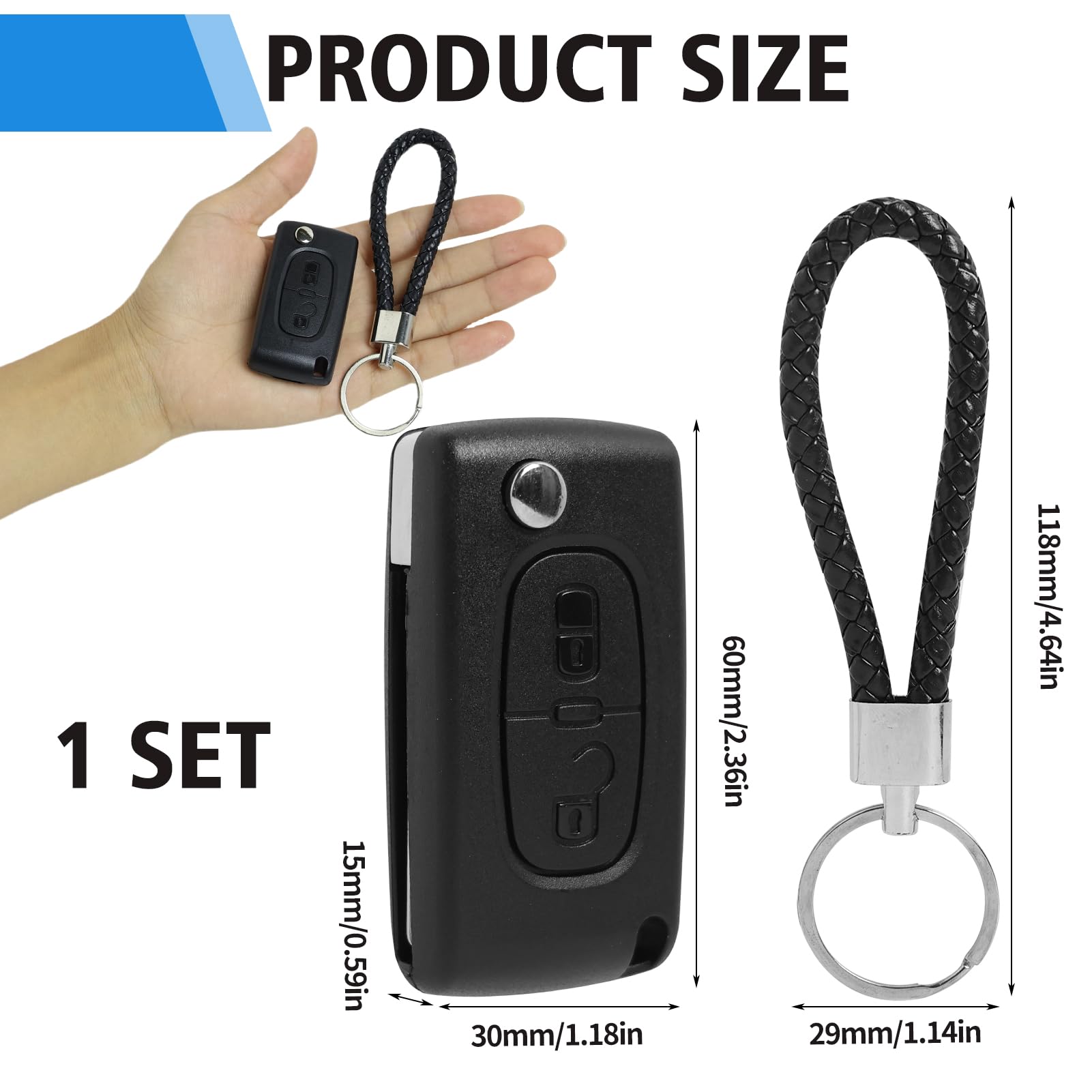 Guscio Chiave Auto Per Peugeot E Citroen - 2 Tasti, Con Lama Non Tagliata E Portachiavi In Pelle - Foto 9