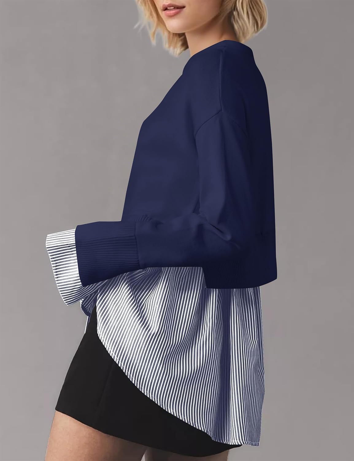 MISSACTIVER Women Slit Crew Neck Patchwork Sweater Asymmetrical Hem Shirt Top 2 in 1 Buttons Down Pullover Knit Sweater - Image 3