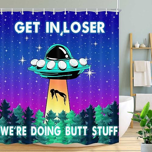 Miniatura 3 de MERCHR Divertida cortina de ducha OVNI para baño, juego único de cortinas de ducha de tela de cielo estrellado y bosque con ganchos, 72 x 72 pulgadas