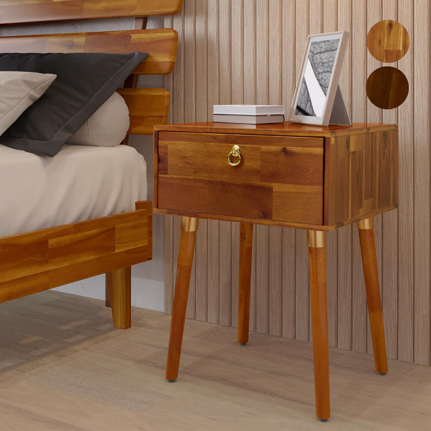 Bme Alden Solid Wood Nightstand with Drawer – Caramel Finish