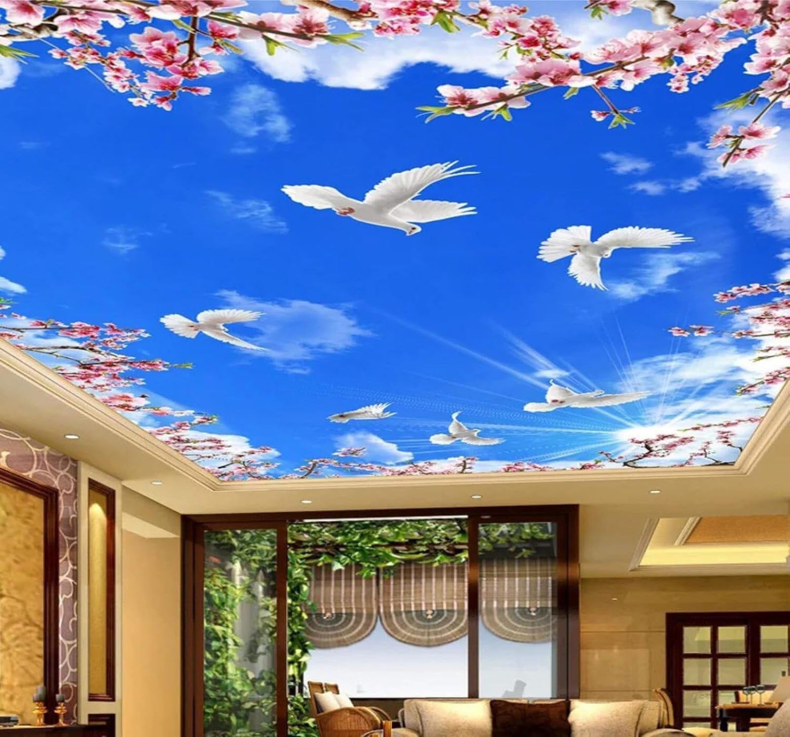 XLMING Beautiful Blue Sky White Clouds Plum Blossoms and White Doves 3D Wallpaper Silky Texture Home Study Office Grey Dining Room Sofa Bedroom Living Room TV Backdrop-250cm×170cm