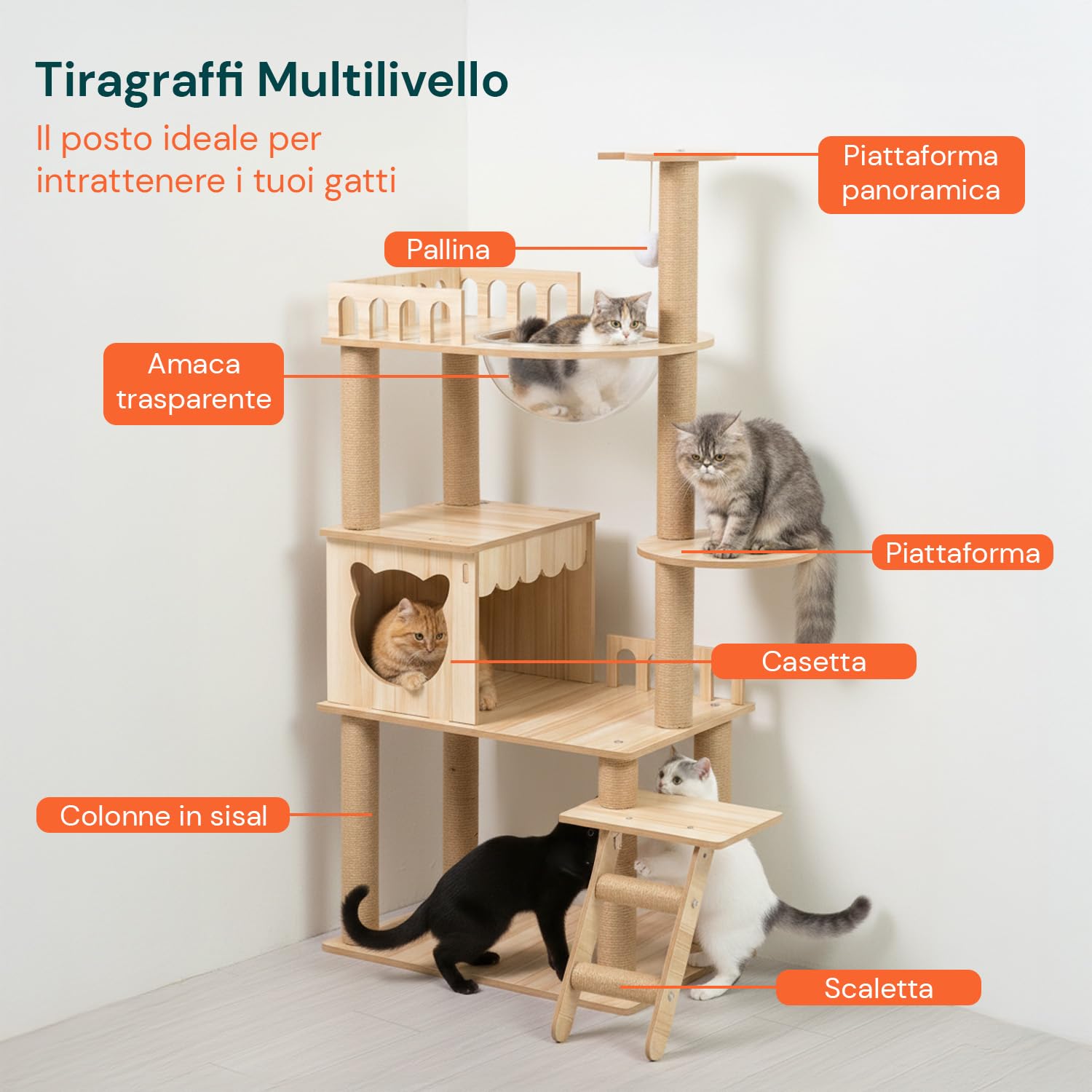 Avilia - Tiragraffi per Gatti Multilivello con Cuccia, Piattaforme in MDF e Colonne in Sisal, H135 cm, con Amaca Trasparente e Pallina Pendente, per Gioco, Relax e Osservazione