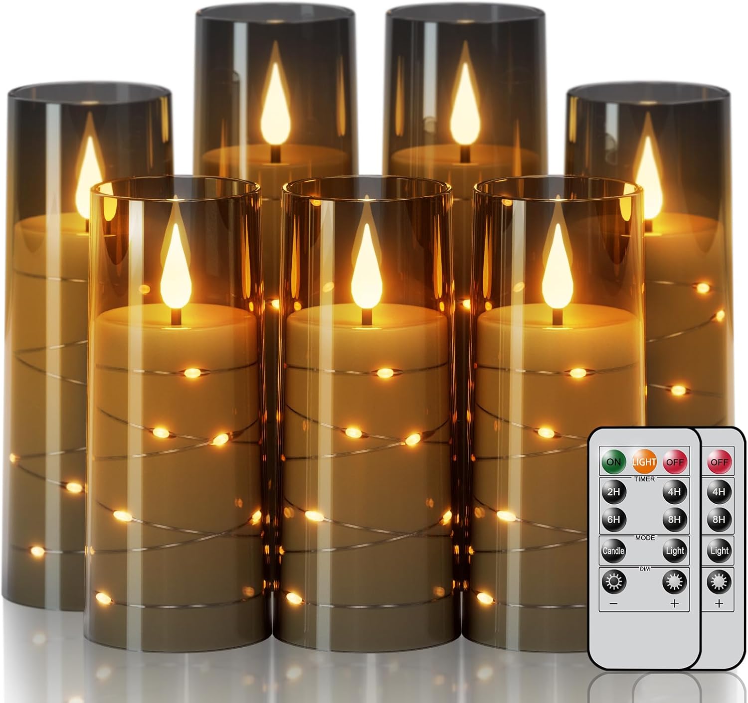Flameless Candles with Remote Timer, Embedded String Lights Candles Acrylic Flickering, Battery Operated LED Pillar Candles, 7 Pcs Unbreakable, Black, 2.3x5/5/5/6/6/7/7 inches