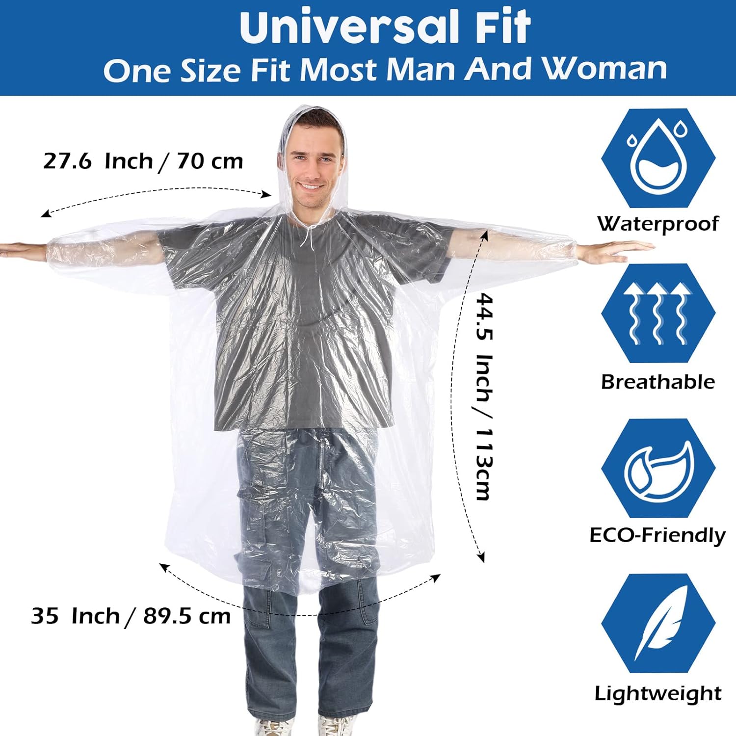 Berlune 50 Pcs Disposable Rain Ponchos for Adults Thick Disposable Ponchos Bulk with Hood Emergency Raincoats for Camping Themed Park, Clear - Image 2