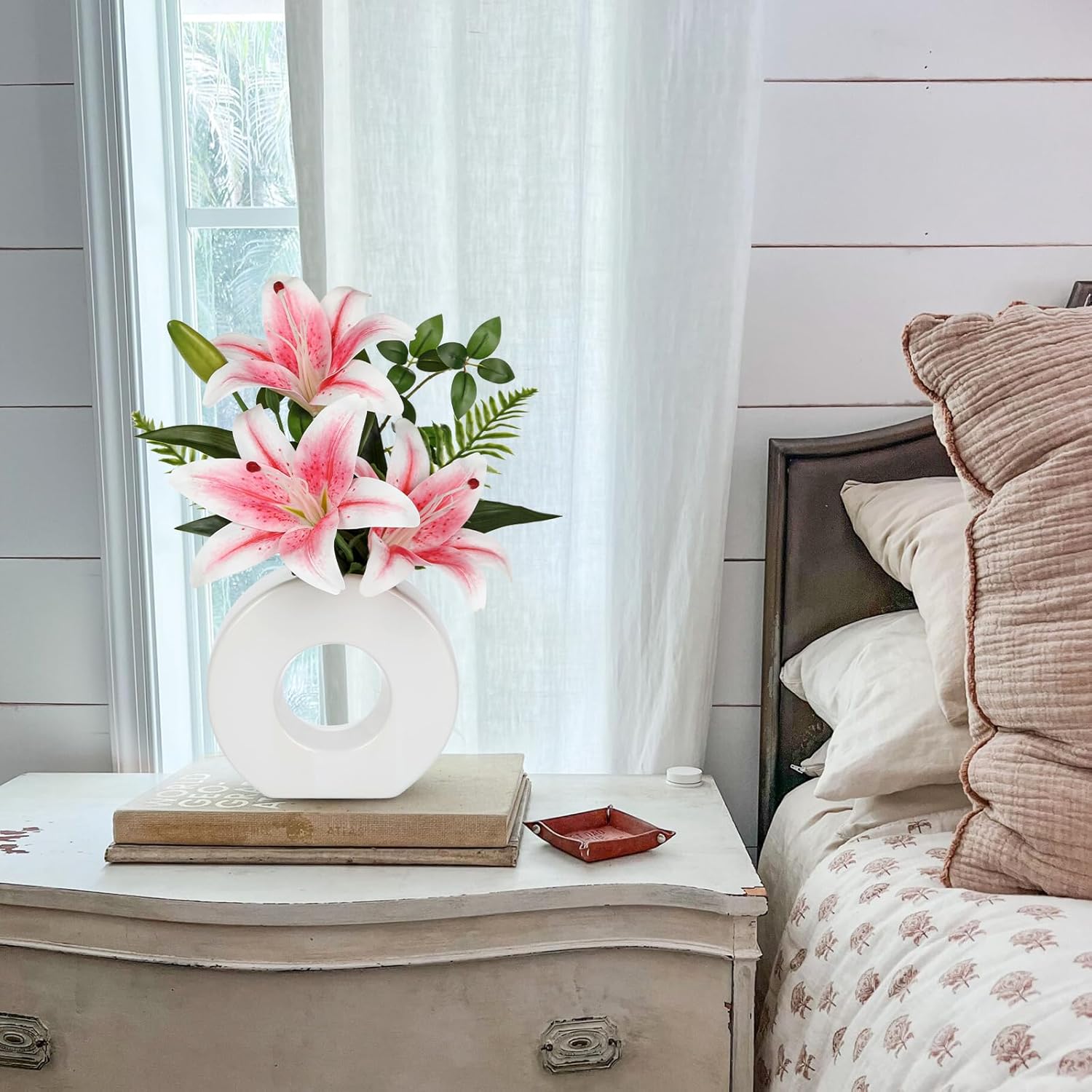 Artificial Flowers in Vase 13" Realistic Fake Lilies Flowers with 3 Heads Full Bloom Tiger Lily Floral Arrangement Pink Faux Flowers for Vase Table Centerpieces Home Wedding Bathroom Office Decor - Image 3