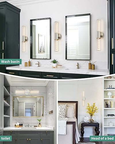 Miniatura 4 de Lámpara de tocador de baño, lámpara de pared de níquel cepillado de 2 luces con vidrio transparente, lámpara de pared plateada E26 para interior,