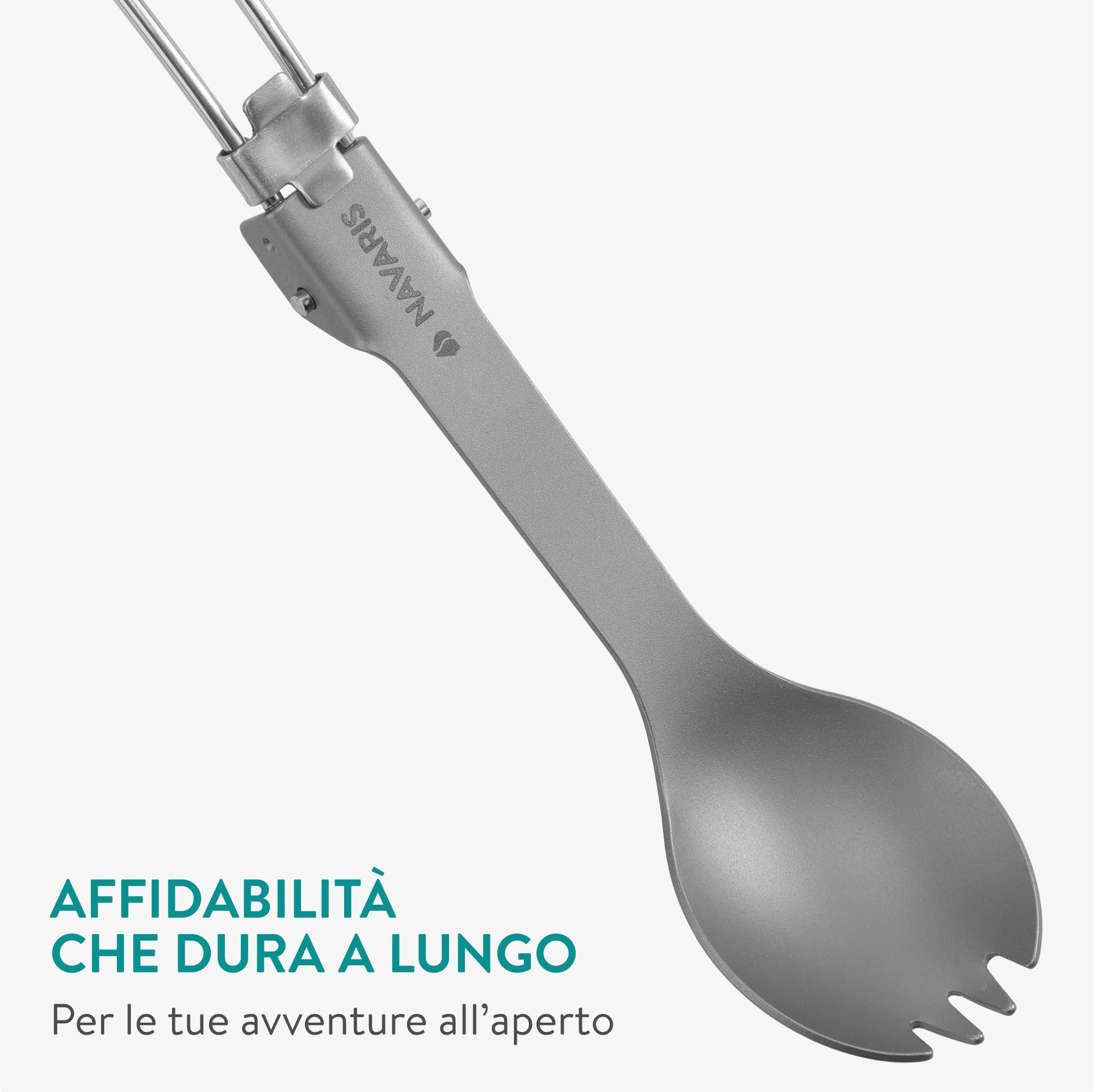 Navaris Spork Pieghevole - Cucchiaio Forchetta 2 in 1 da 21,5 cm - Posate da Campeggio Pieghevoli in Acciaio Inox e Titanio - Include Portaposate da Viaggio in Flanella