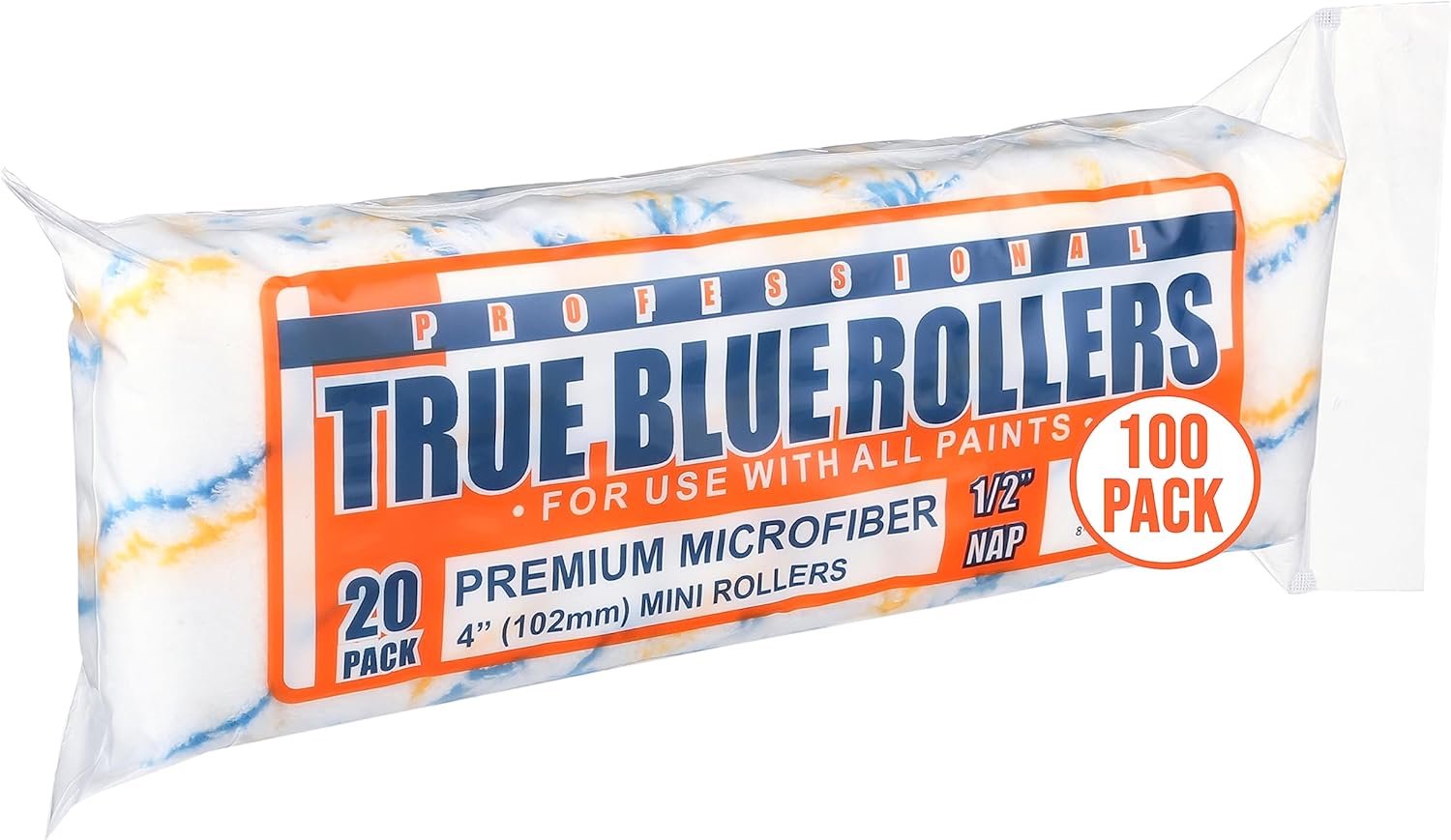 True Blue 4" Professional Paint Roller Covers, 4 Inch, Best for All Types of Painting Surfaces, Refill Bulk Pack (100, 1/2" Nap)
