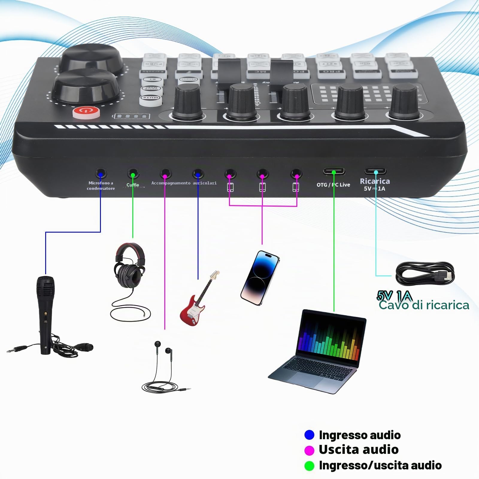 Scheda Audio Professionale per Suono Dal Vivo, Mixer Audio e Interfaccia Audio con Effetti Mixer DJ, Cambia Voce - Attrezzatura da Studio per Streaming/Podcasting/Gaming