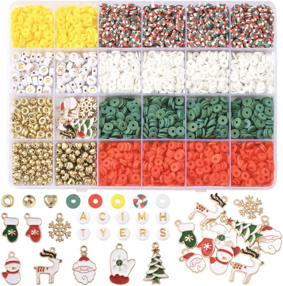1 Box 2800Pcs+ Christmas Clay Beads Bracelet Making Kit Heishi Beads Holiday Red Green Plastic Letter Word Gold Round Friendship Polymer Spacers Set for Jewelry Making Necklace Adults