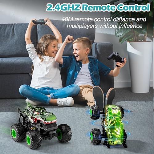 Miniatura 6 de LODBY Coche de control remoto Monster Trucks para niños y niños, juguetes de automóvil de dinosaurio a control remoto, regalos para niños de 4, 5,