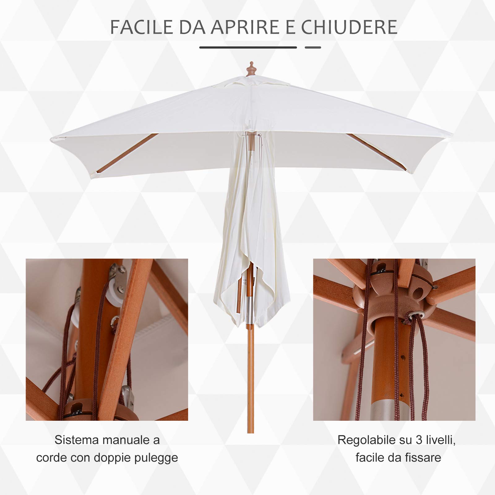 Outsunny Ombrellone da Giardino Inclinabile 2x1.5 m con Sistema a Corda e Presa d'Aria, Ombrellone da Esterno a 6 Stecche, in Legno, Bambù e Poliestere 180g/㎡, per Cortile Balcone Terrazzo, Crema