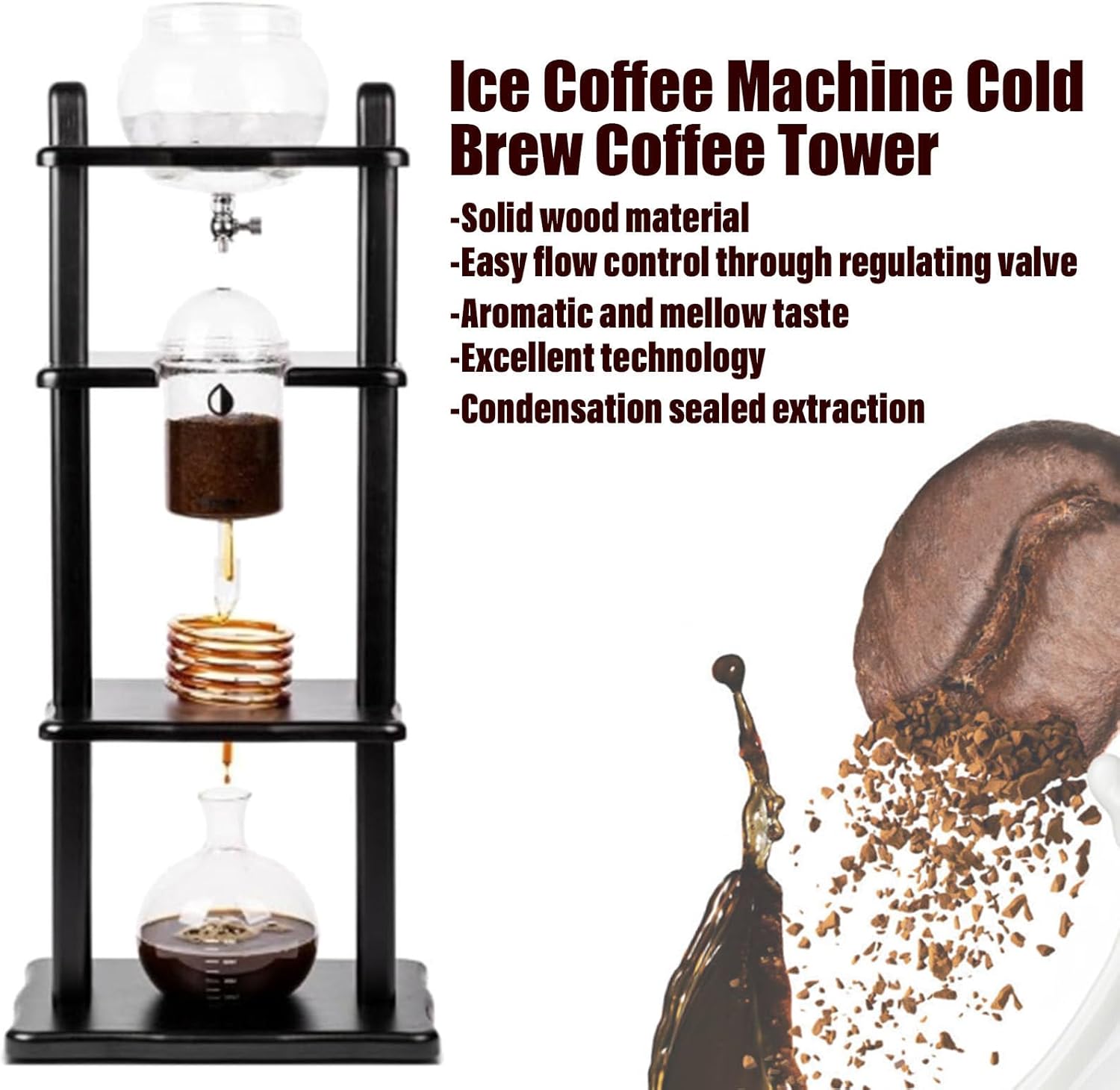 Ice Drip Coffee Tower, 1000ml Iced Brew Drip Coffee Maker, with Reusable Glass Filter Transparent Support,For Commercial
