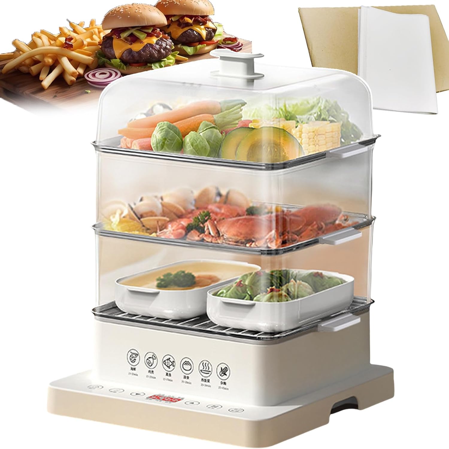 Electric Food Steamer For Cooking, Three Layer Collapsible Steam Cookers, 12 Hour Appointment, Anti-Dry, Detachable Steamer Rice Cookers for Vegetables, Meat and Fish (Size: 40l)