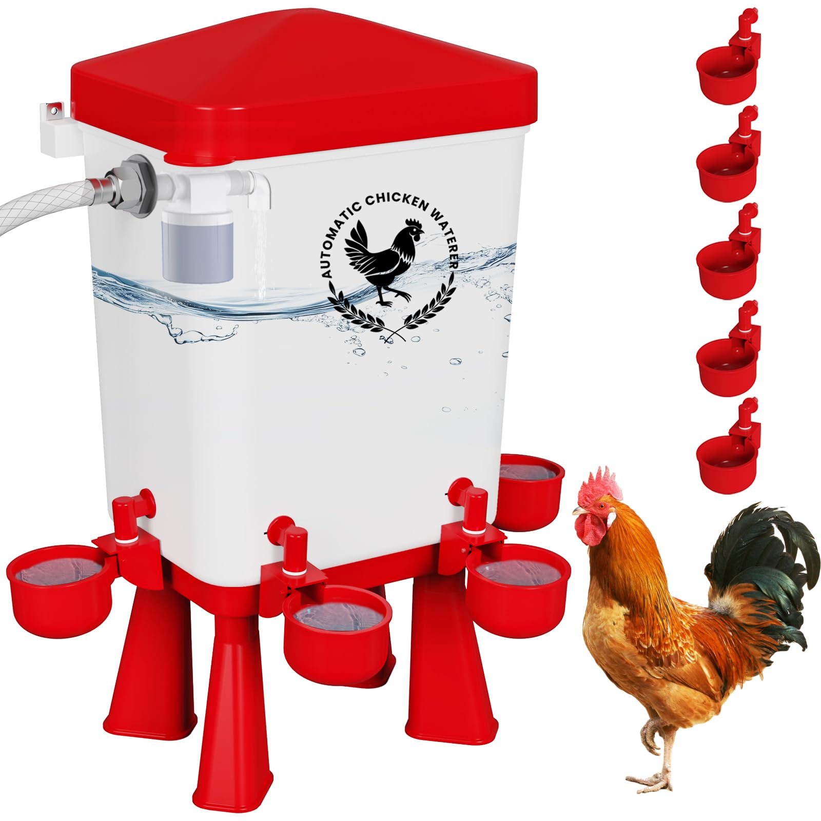 Photo 1 of Chicken Waterer, 3 Gallons Automatic Chicken Waterers with 5ft Pipe, Float Controlled Automatic Poultry Water Feeder, 5 Chicken Waterer Cups (Red, 3 Gallons)