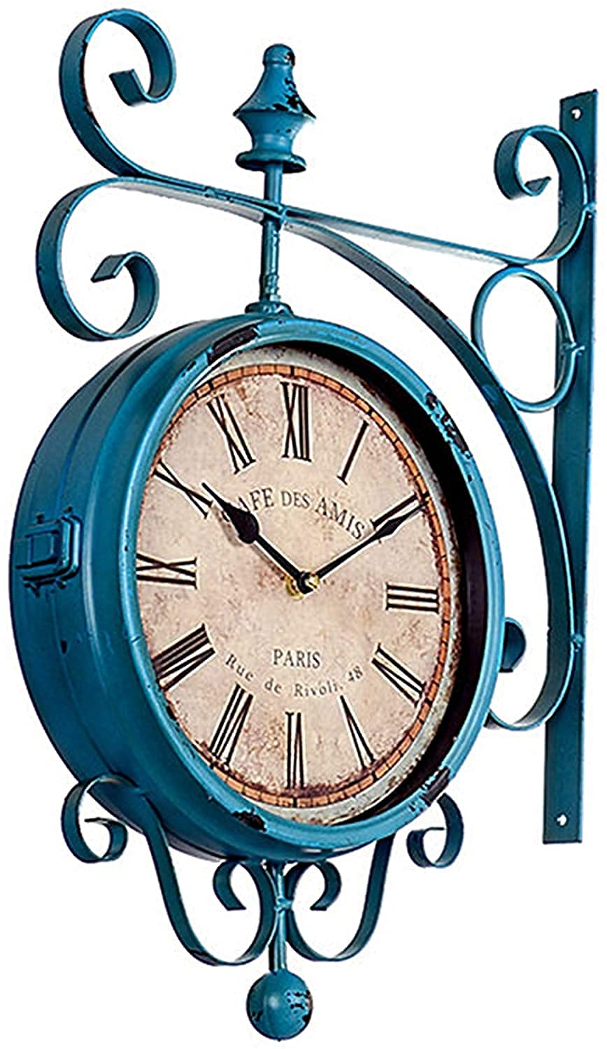 Horloge Murale,Horloge de Gare Double Face Bleue, Horloge de Jardin extérieure résistante aux intempéries, Rotation à 360 ° en Fer forgé, décoration rétro, horloges de Jardin extérieures pou