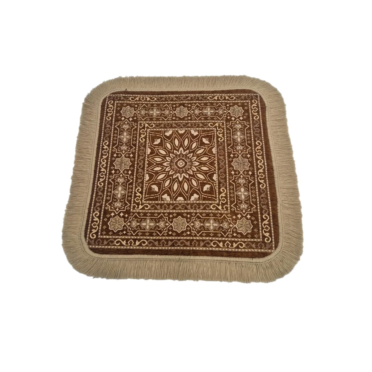 Soft Chenille Prayer Mat | 1.5x1.5 Feet Traditional Floral Mandala Design Pooja Aasan with Golden Fringes | Multipurpose Rug for Meditation, Yoga, Mandir and Home (Pack of 1, Gold)-image-12