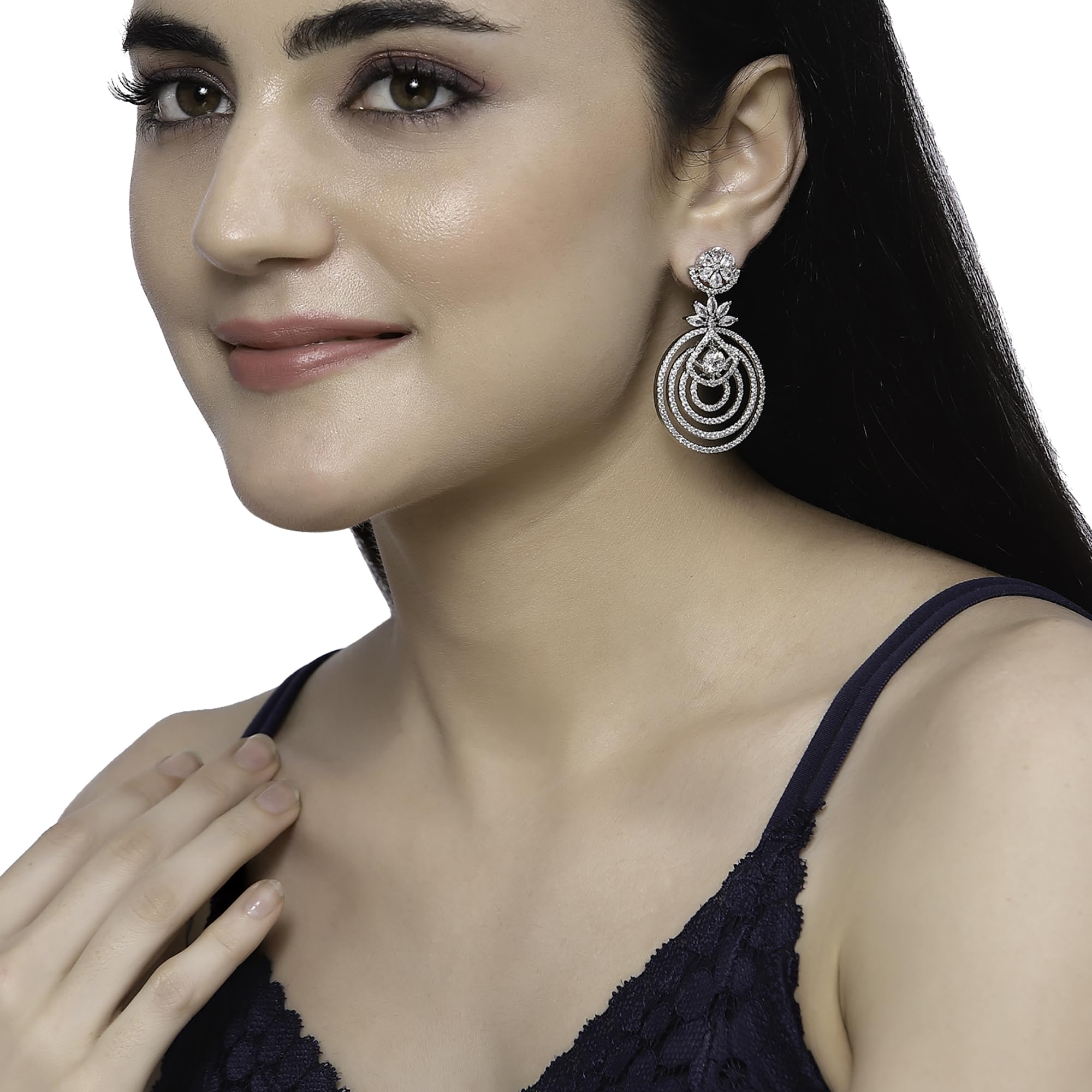 Rhodium-Plated Floral & Circular Layered Drop Earrings