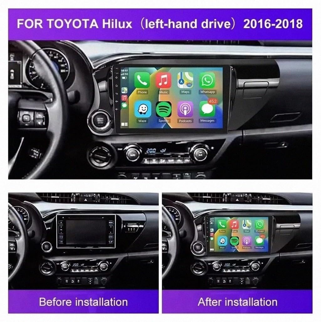 Auto-Navigationssystem für Toyota Hilux 2015 2016-2020 Android 15 9 Zoll Car Radio mit SWC Rückfahrkamera Für, 8 Core 8G+256G