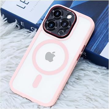 JUESHITUO iPhone 15 Pro Max Case with Integrated Camera Lens Protection MagSafe Exclusive Mil-Grade Shockproof Protection Translucent Matte Protective Case for iPhone 15 Pro Max, Pink