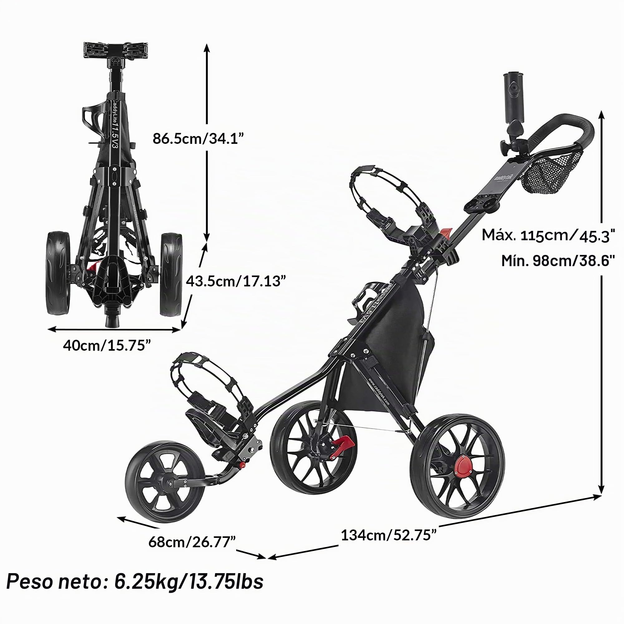 Caddytek CaddyLite 11.5 V3 Carrito de Golf de 3 Ruedas Ligero Plegable