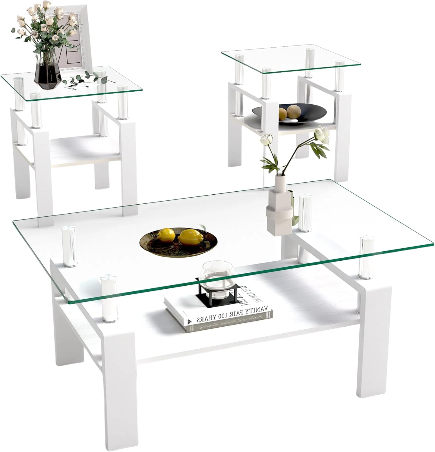 IANIYA 3 Pieces Living Room Table Set, Coffee Table Set of 3 Modern Rectangle Tempered Glass Coffee Table with 2 End Side Tables, 3 Piece Table Sets for Apartment Home Office (3, White)