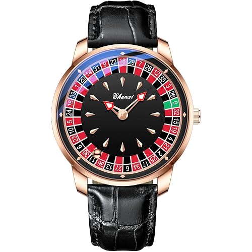 Gosasa Men's Roulette Watch Rotating Dial 44mm Quartz Watch | Black Genuine Leather Strap,Business Casual Style,Gambling Watch,30M Water Resistance,Luminous Hands