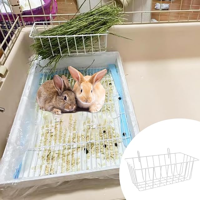 Foto 4 de 8 de Alimentador de heno - de metal para conejos, cesta de animales pequeños con ganchos, de heno para conejo…