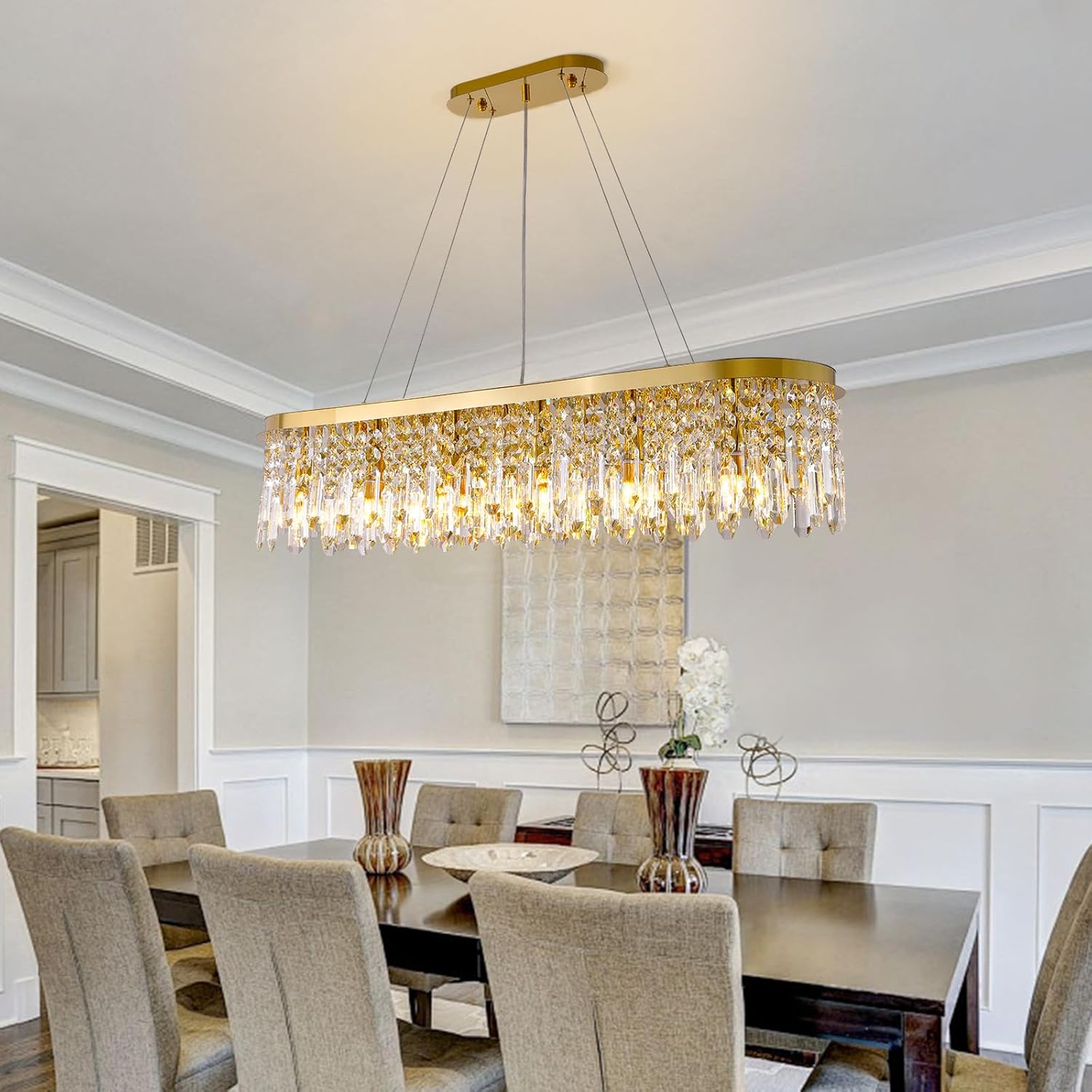 Siljoy Modern Crystal Chandelier for Dining Room, 12-Light Luxury Rectangle K9 Crystal Raindrop Chandelier, Dimmable Oval Crystal Pendant Ceiling Light for Living Room Kitchen Island L47 Inch