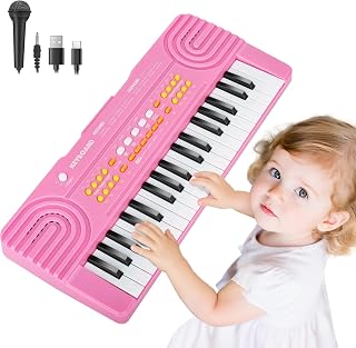 Drmukie 37-Key Pink Kids Piano Keyboard Toy with Microphone - Toddler Music Gift for 3-7 Year Old Boys Girls