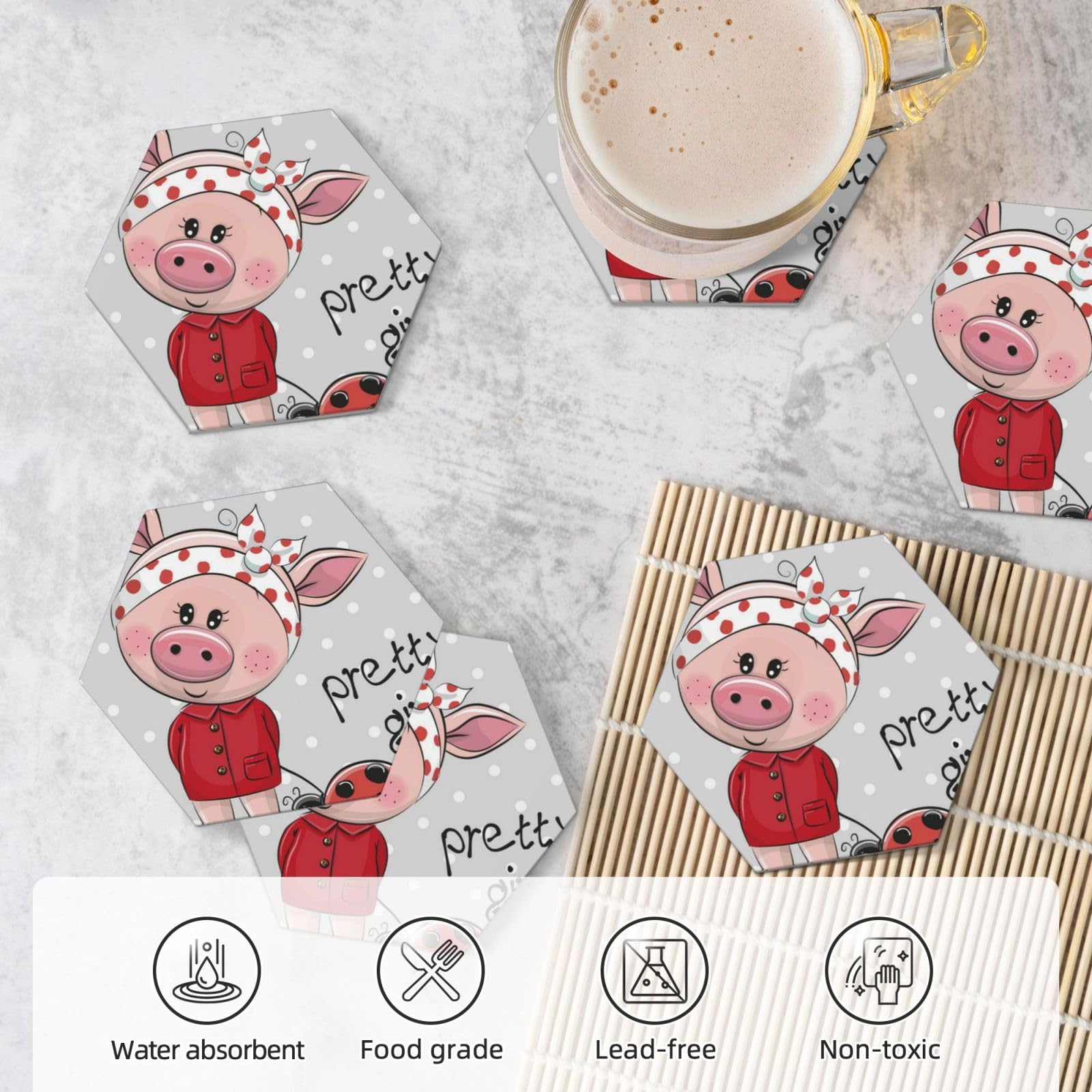 Keramikuntersetzer mit rosa Schweine-Druck, stilvolles Küchen- und Heimdekor-Zubehör, 6 Stück