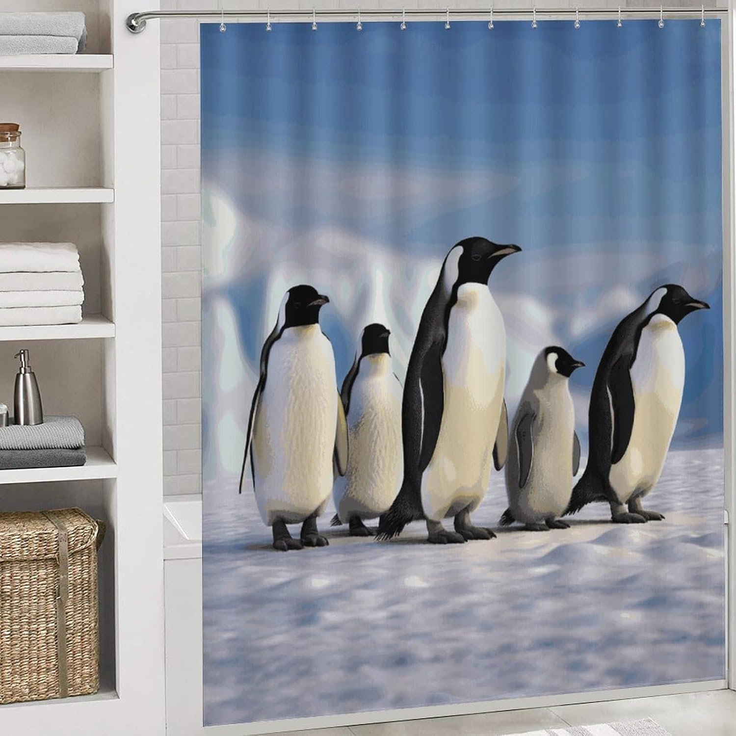 Five Penguins 4Pcs Shower Curtain Set with Non-Slip Rugs, Toilet Lid Cover and Bath Mat,Bathroom Set Decor Accessories,Curtain Set with 12 Hooks, 72 X 72 Inch