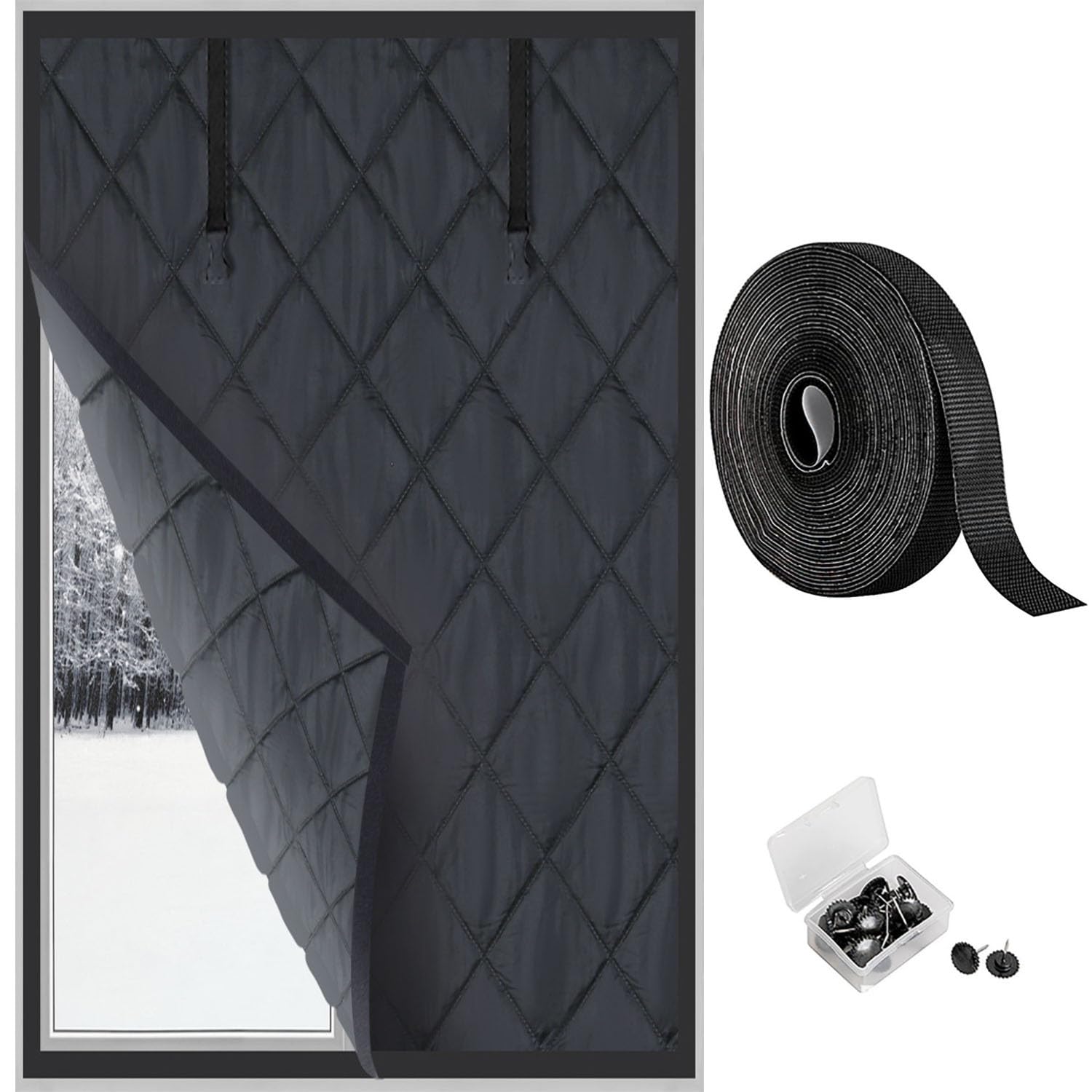 Fensterisolationsset für den Winter,Fenster Isolierung Gegen Kälte,Oxford-Stoff Wärmeschutzvorhang,Thermische Fensterabdeckung aus Baumwolle(Schwarz,130x190 cm)